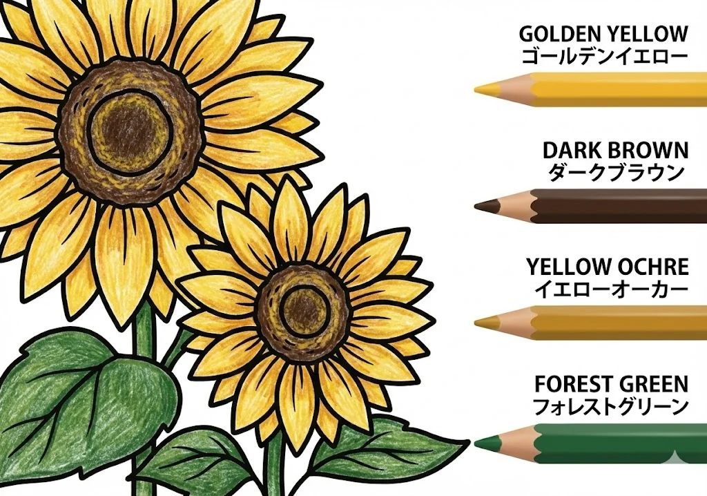 ひまわりの塗り絵 完成見本（彩的な見本）