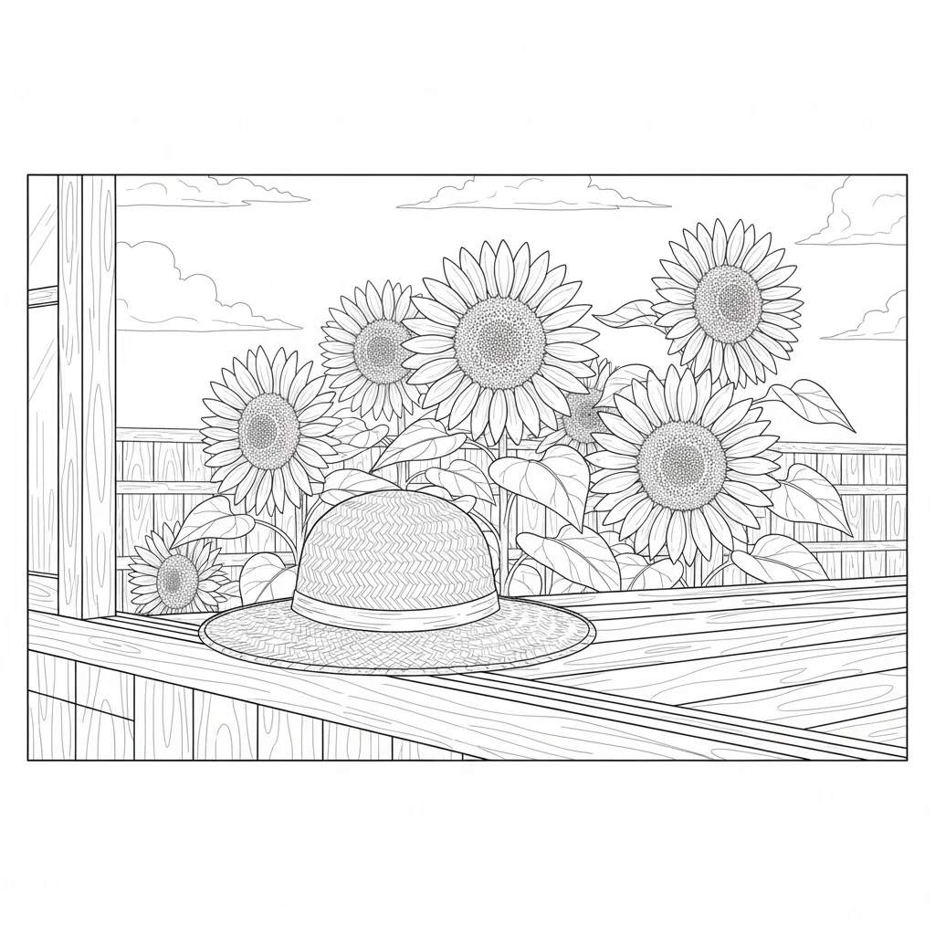 高齢者向け無料塗り絵：太陽に向かって元気に咲く夏を代表するひまわり（上級・A4印刷用）