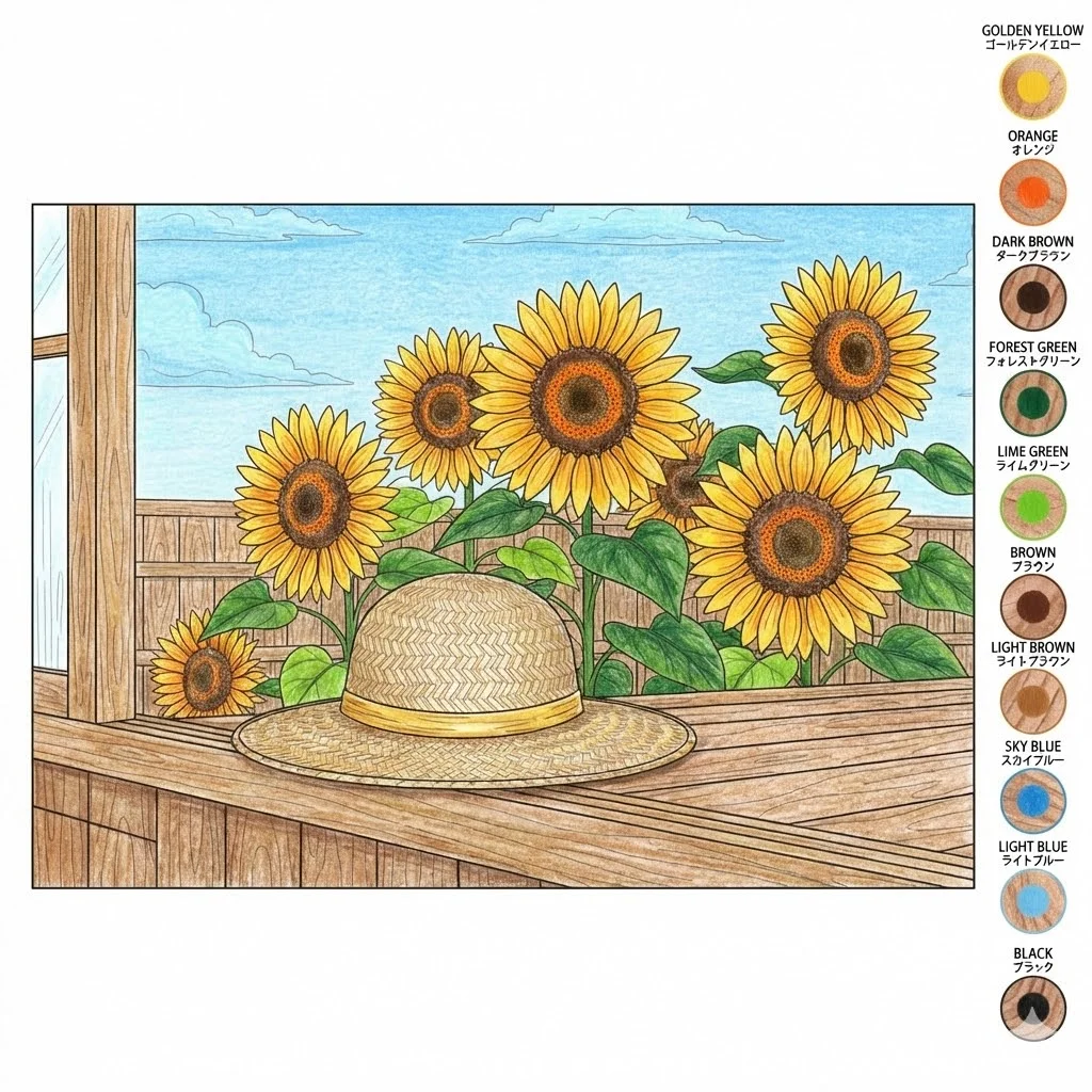 ひまわりの塗り絵 完成見本（彩的な見本）