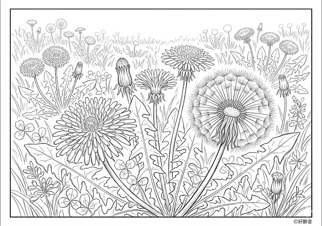 高齢者向け無料塗り絵：身近な春の花タンポポ（上級・A4印刷用）