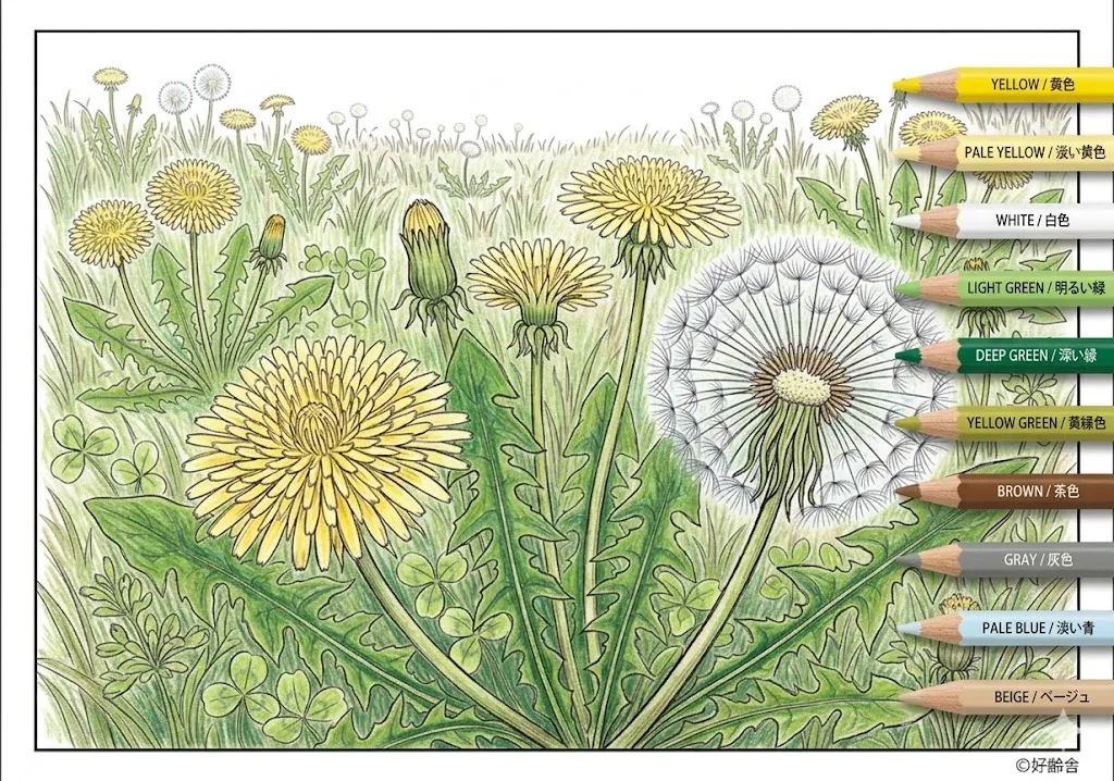 タンポポの塗り絵 完成見本（彩的な見本）