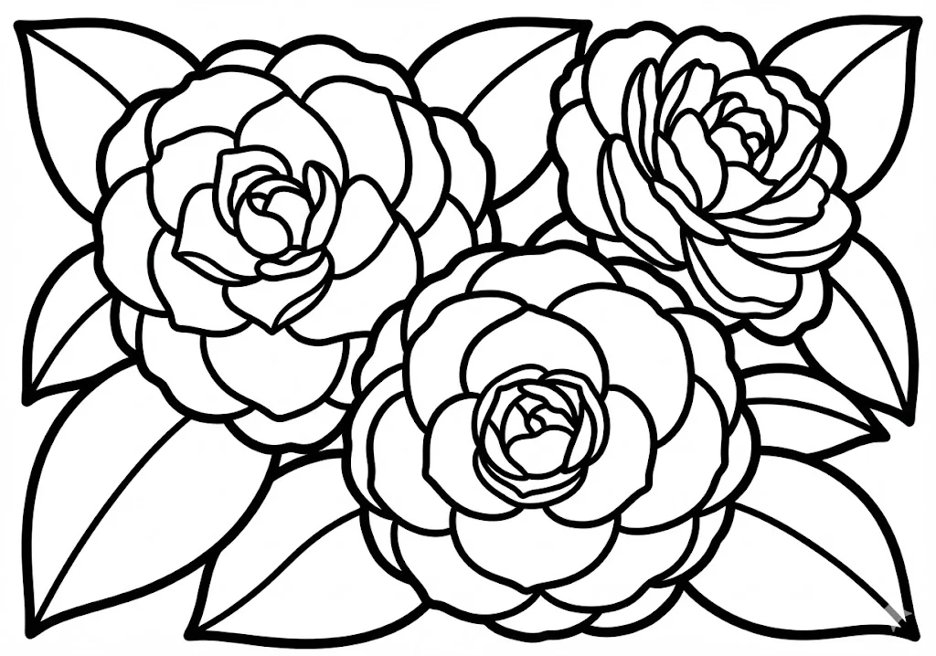 高齢者向け無料塗り絵：冬から春に咲く美しい気品ある椿（カメリア）（初級・A4印刷用）