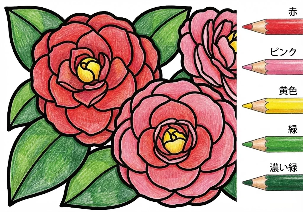 椿の塗り絵 完成見本（彩的な見本）