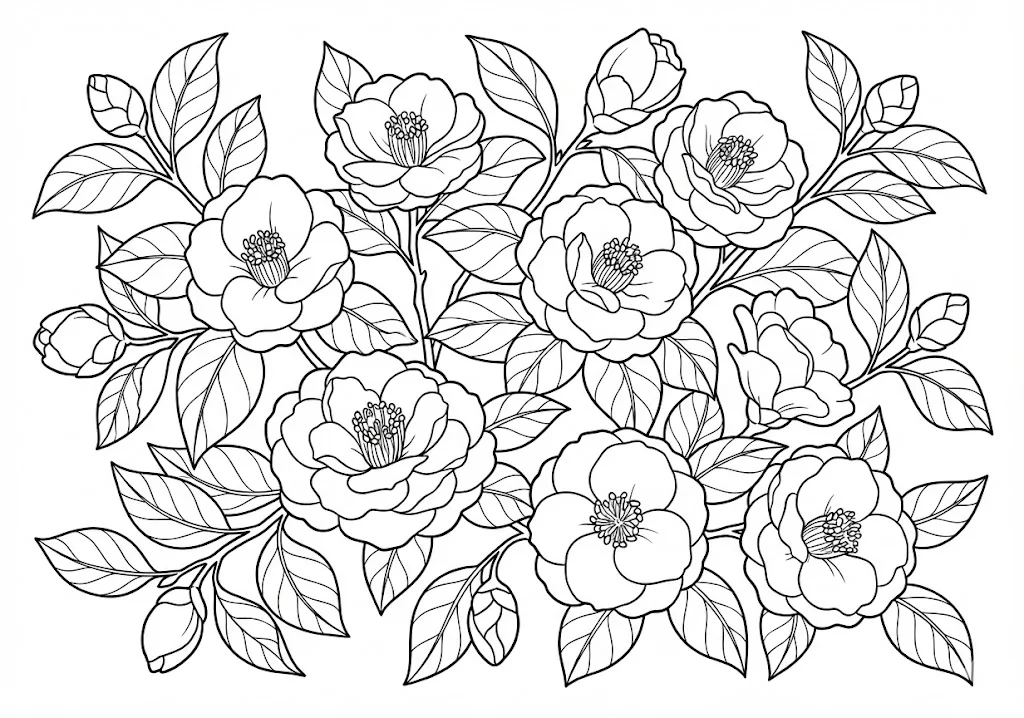 高齢者向け無料塗り絵：冬から春に咲く美しい気品ある椿（カメリア）（中級・A4印刷用）