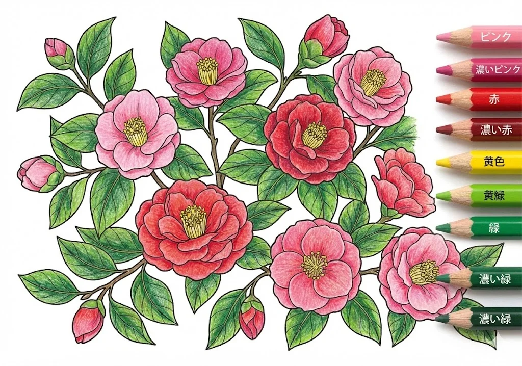 椿の塗り絵 完成見本（彩的な見本）