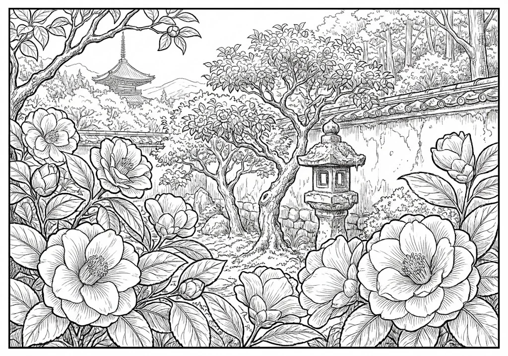 高齢者向け無料塗り絵：冬から春に咲く美しい気品ある椿（カメリア）（上級・A4印刷用）