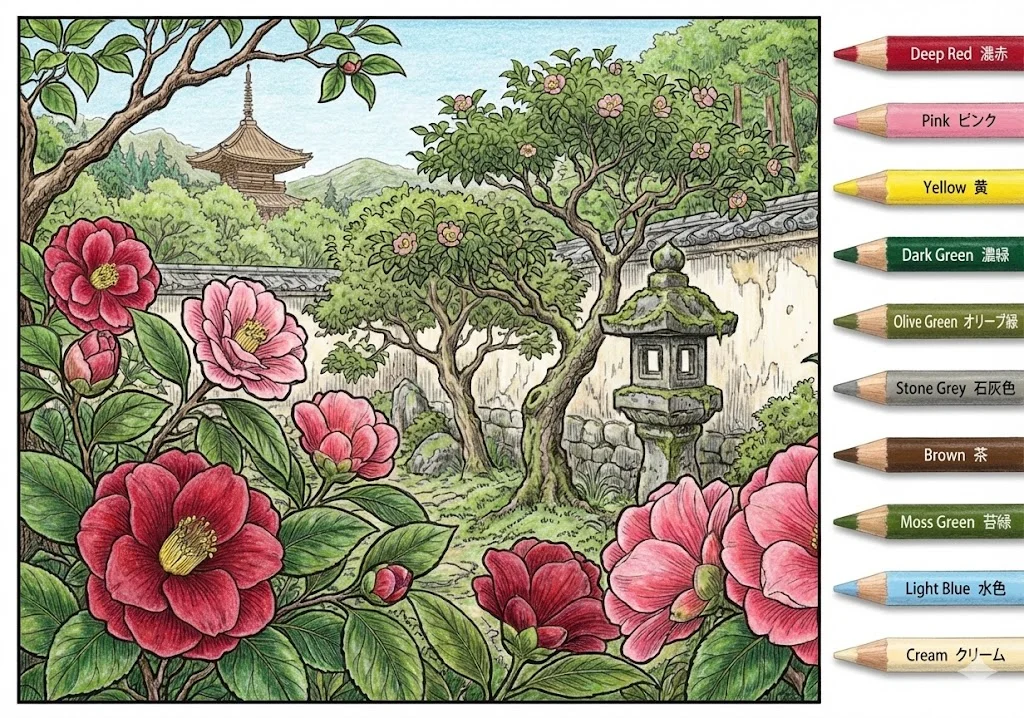 椿の塗り絵 完成見本（彩的な見本）