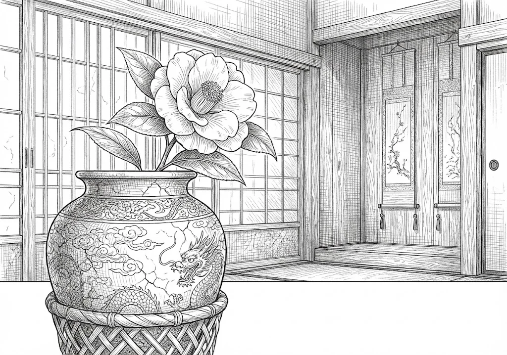 高齢者向け無料塗り絵：冬から春に咲く美しい気品ある椿（カメリア）（芸術家・A4印刷用）