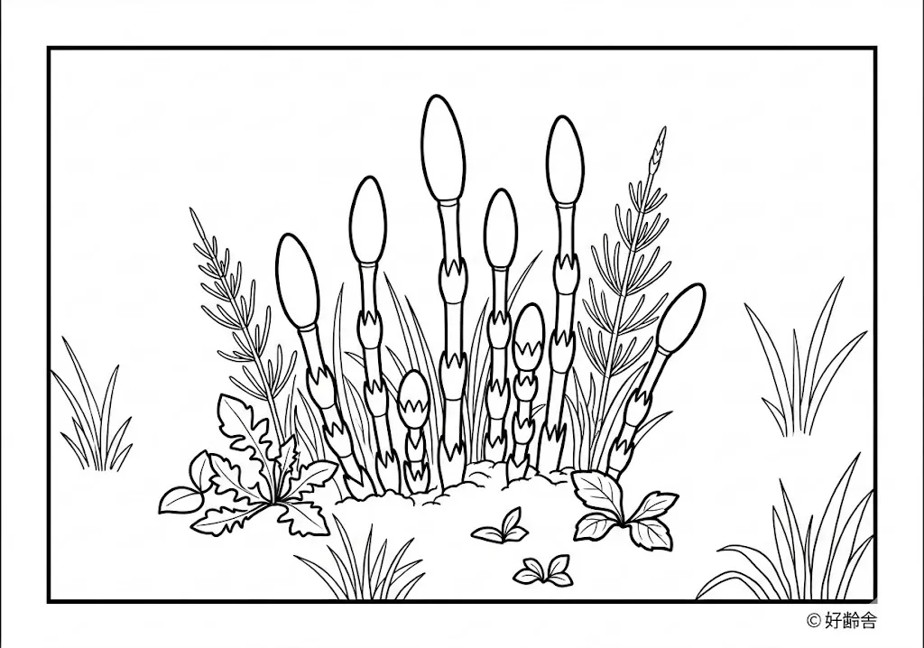 高齢者向け無料塗り絵：春の訪れを告げる可愛らしい土筆（つくし）（中級・A4印刷用）