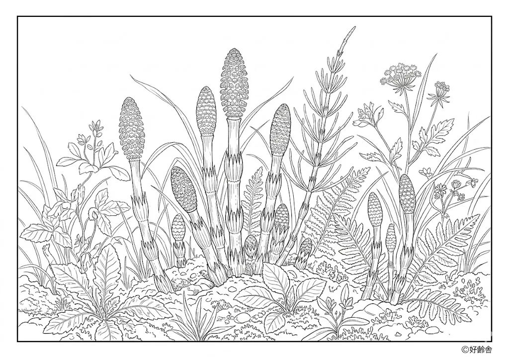 高齢者向け無料塗り絵：春の訪れを告げる可愛らしい土筆（つくし）（上級・A4印刷用）