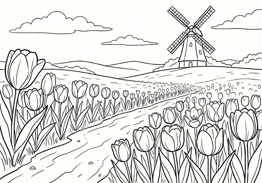 高齢者向け無料塗り絵：春の花壇を彩る色とりどりで可愛らしいチューリップ（中級・A4印刷用）