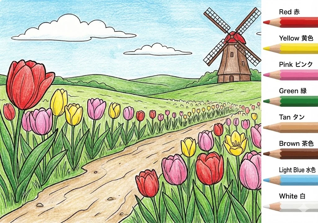 チューリップの塗り絵 完成見本（彩色の見本）