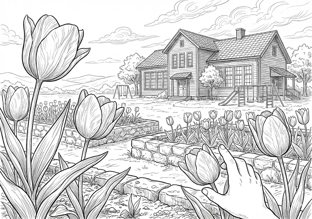 高齢者向け無料塗り絵：春の花壇を彩る色とりどりで可愛らしいチューリップ（上級・A4印刷用）