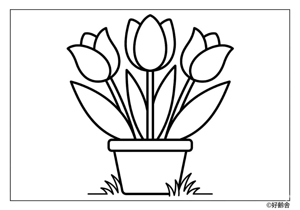 高齢者向け無料塗り絵：春の訪れチューリップ2（初級・A4印刷用）