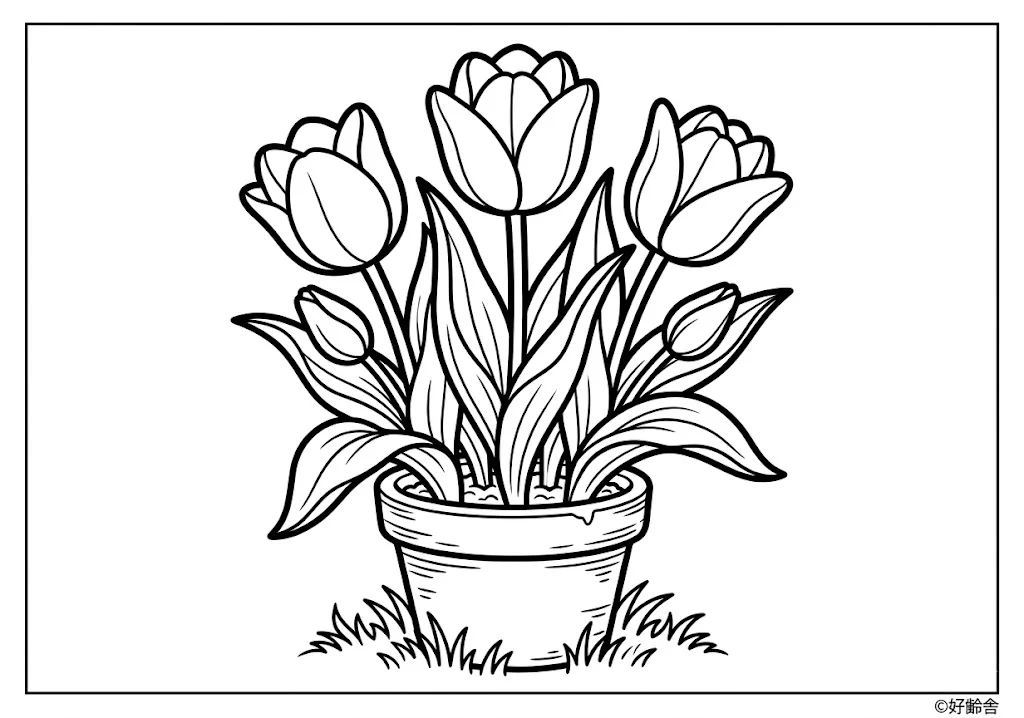 高齢者向け無料塗り絵：春の訪れチューリップ2（中級・A4印刷用）
