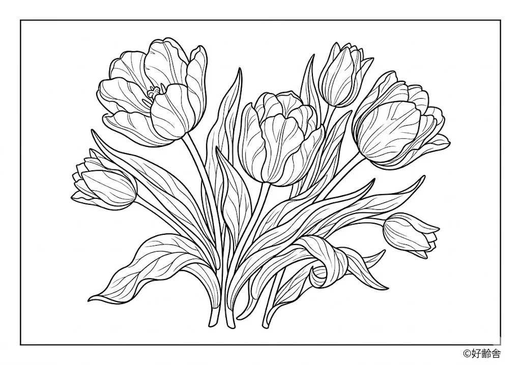 高齢者向け無料塗り絵：春の訪れチューリップ2（上級・A4印刷用）