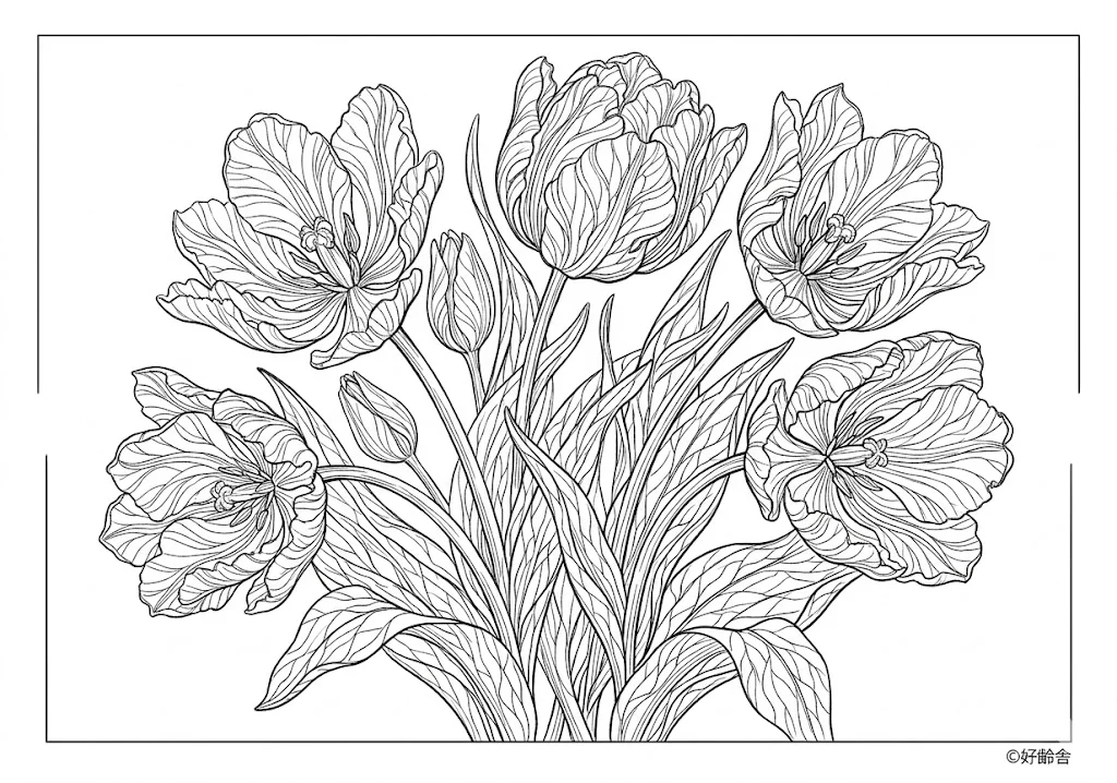 高齢者向け無料塗り絵：春の訪れチューリップ2（芸術家・A4印刷用）