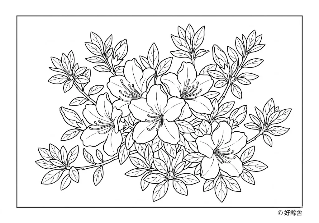 高齢者向け無料塗り絵：春の道端を鮮やかに彩る親しみ深いツツジ（中級・A4印刷用）