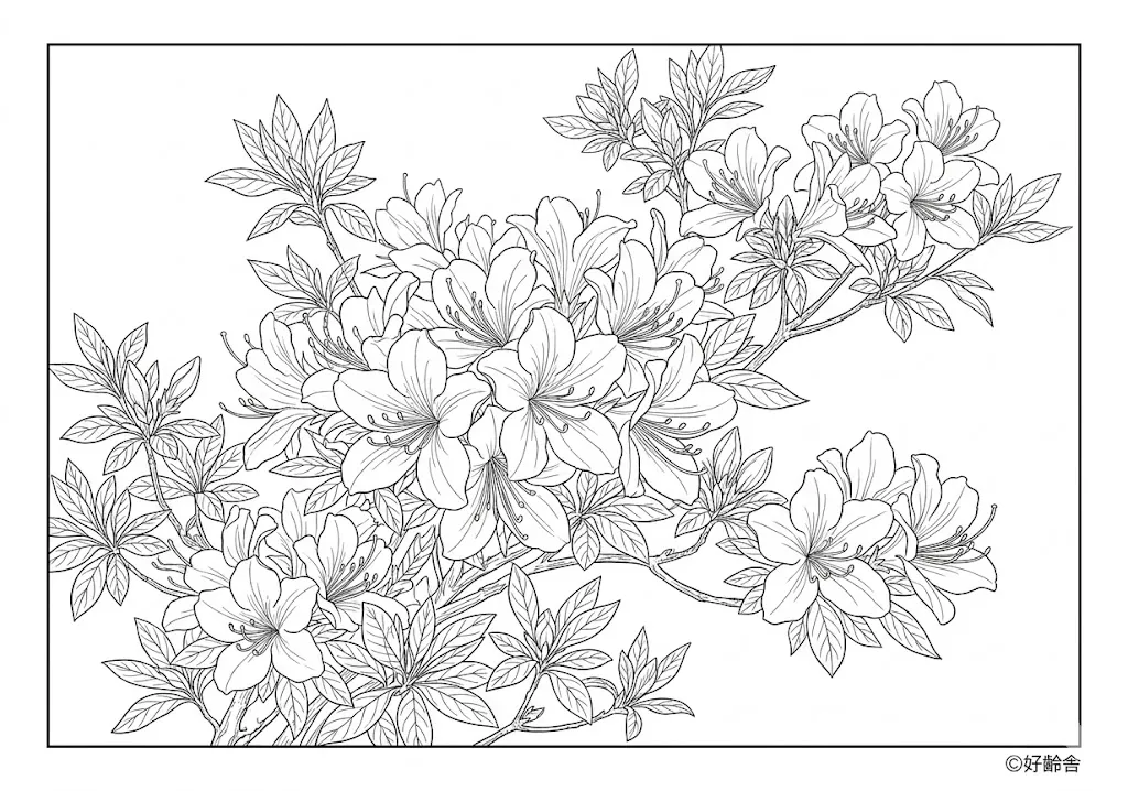 高齢者向け無料塗り絵：春の道端を鮮やかに彩る親しみ深いツツジ（上級・A4印刷用）
