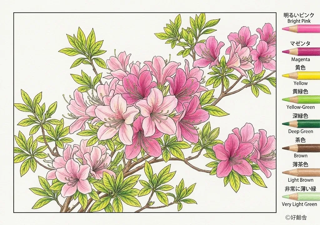 ツツジの塗り絵 完成見本（彩的な見本）