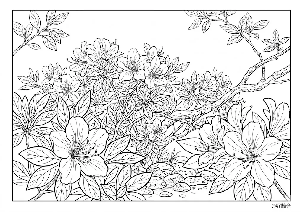 高齢者向け無料塗り絵：春の道端を鮮やかに彩る親しみ深いツツジ（芸術家・A4印刷用）