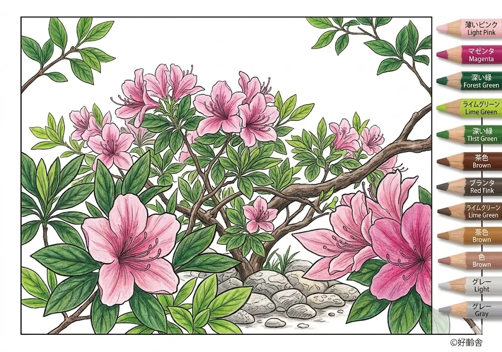 ツツジの塗り絵 完成見本（彩的な見本）