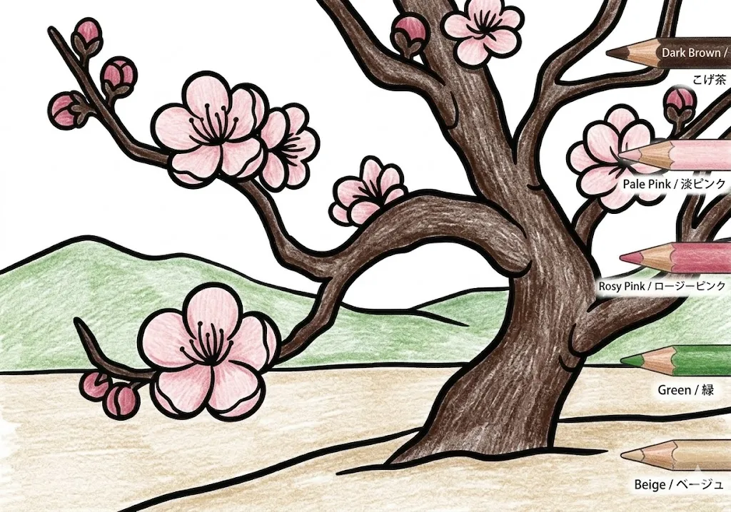 梅の塗り絵 完成見本（彩色の見本）