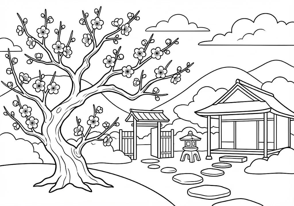 高齢者向け無料塗り絵：春の訪れをいち早く告げる香り高い梅の花（中級・A4印刷用）