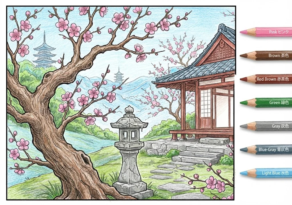 梅の塗り絵 完成見本（彩色の見本）