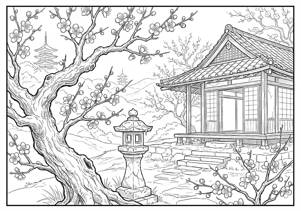 高齢者向け無料塗り絵：春の訪れをいち早く告げる香り高い梅の花（上級・A4印刷用）