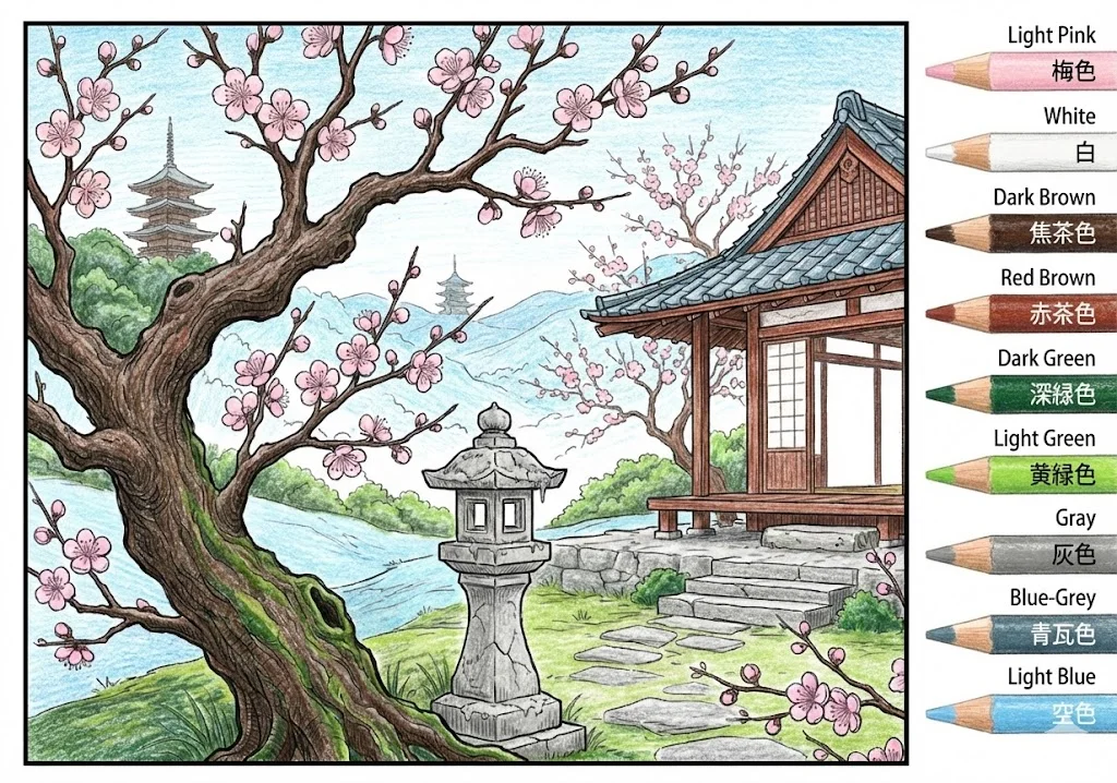 梅の塗り絵 完成見本（彩色の見本）