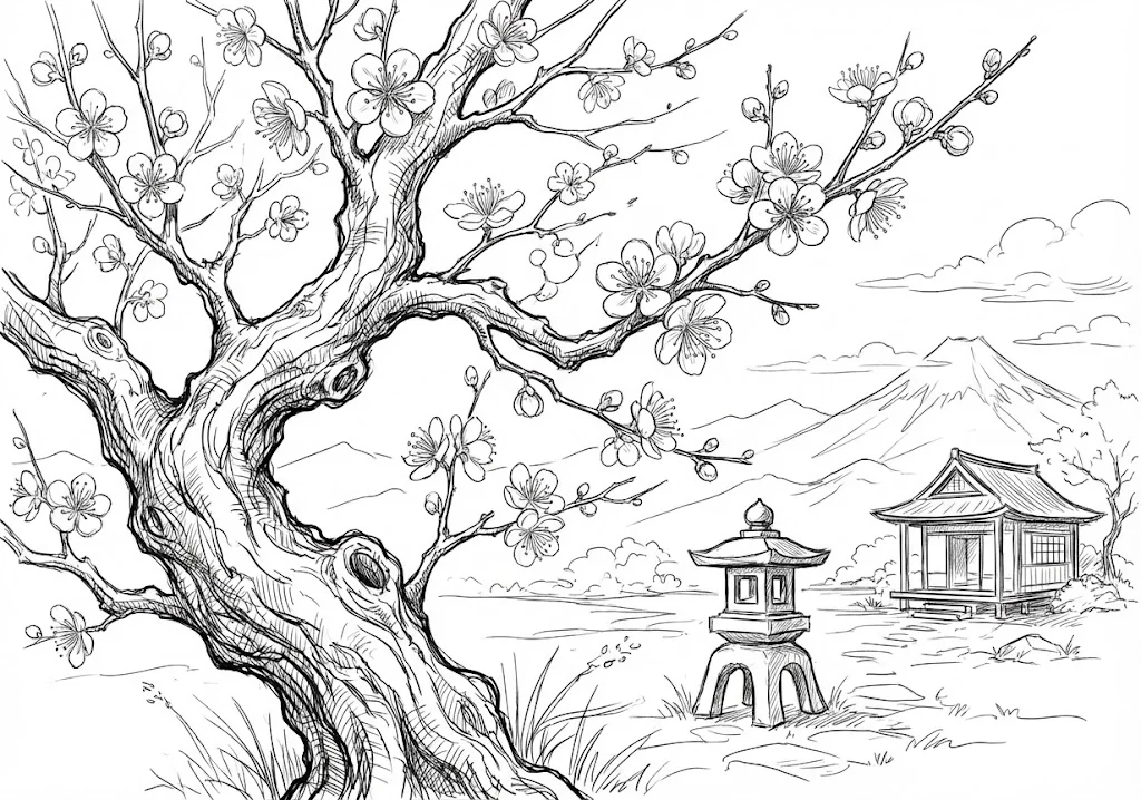 高齢者向け無料塗り絵：春の訪れをいち早く告げる香り高い梅の花（芸術家・A4印刷用）