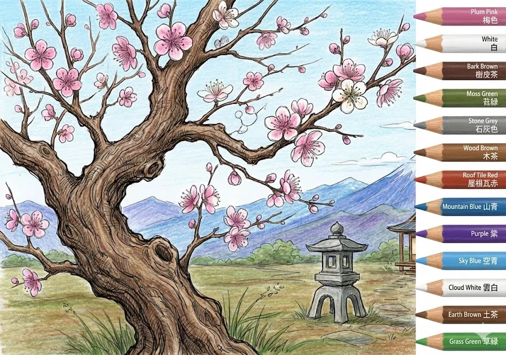 梅の塗り絵 完成見本（彩色の見本）