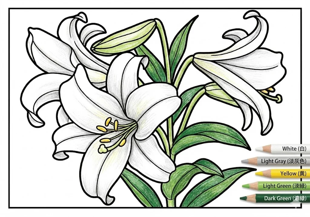 ゆりの塗り絵 完成見本（彩色の見本）