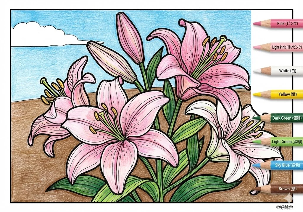 ゆりの塗り絵 完成見本（彩色の見本）