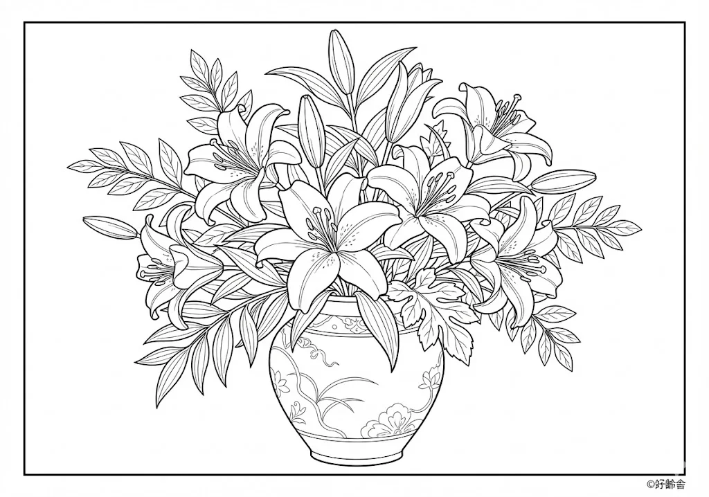高齢者向け無料塗り絵：大きく華やかな花を咲かせる純白で美しいゆり（上級・A4印刷用）