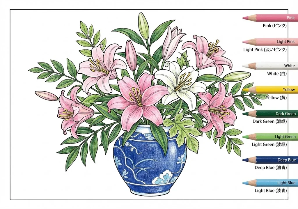 ゆりの塗り絵 完成見本（彩色の見本）