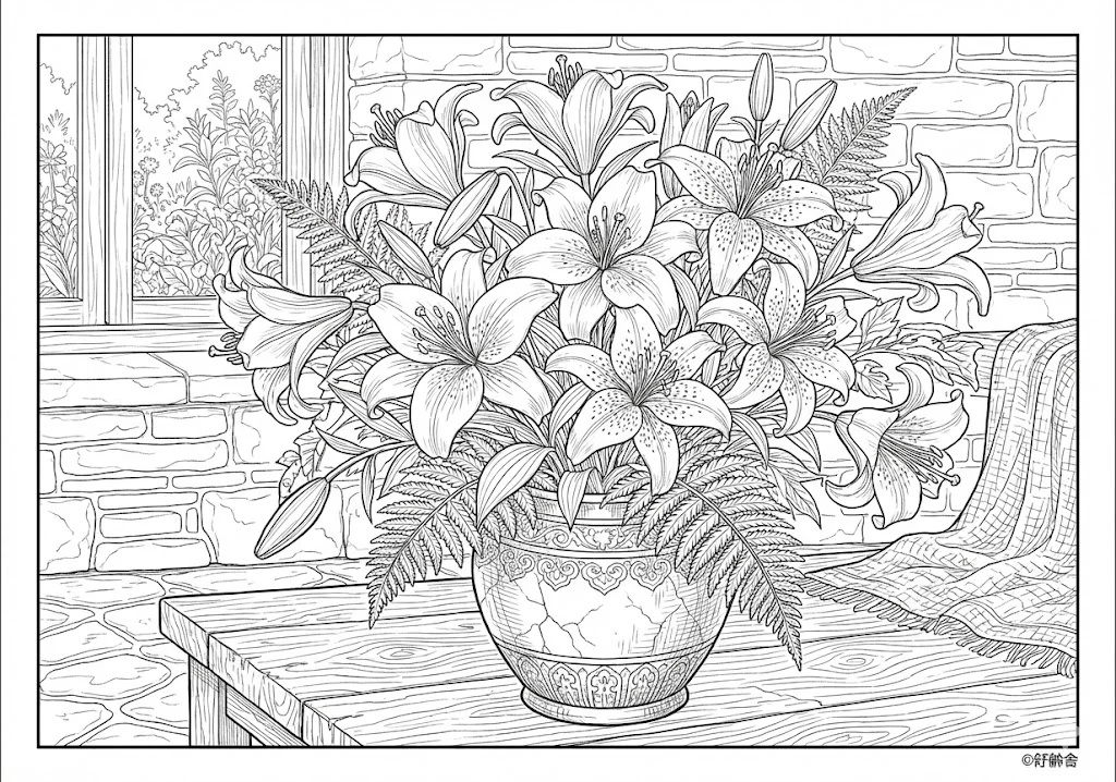 高齢者向け無料塗り絵：大きく華やかな花を咲かせる純白で美しいゆり（芸術家・A4印刷用）