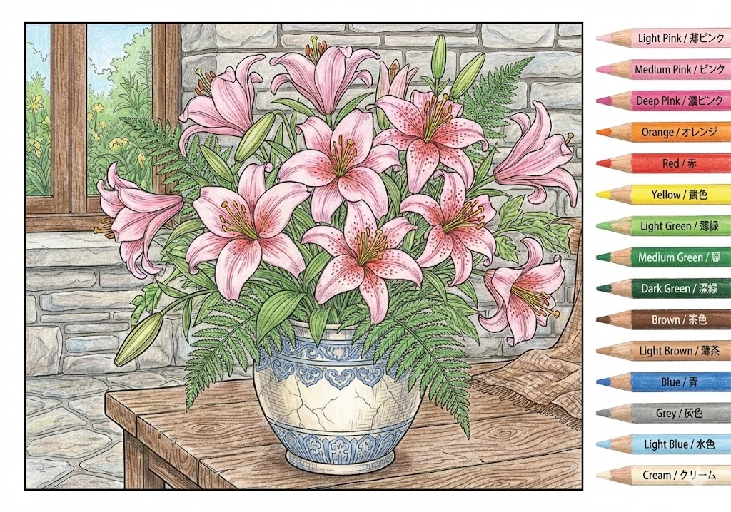 ゆりの塗り絵 完成見本（彩色の見本）