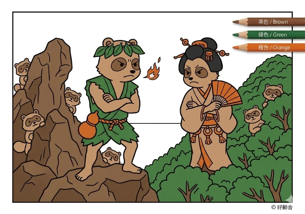 阿波の狸合戦の塗り絵の塗り絵 完成見本
