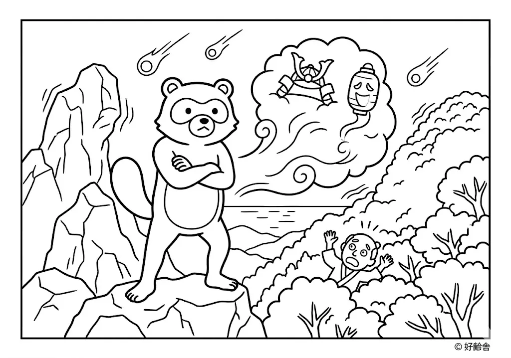阿波の狸合戦の塗り絵の塗り絵（高齢者向け）