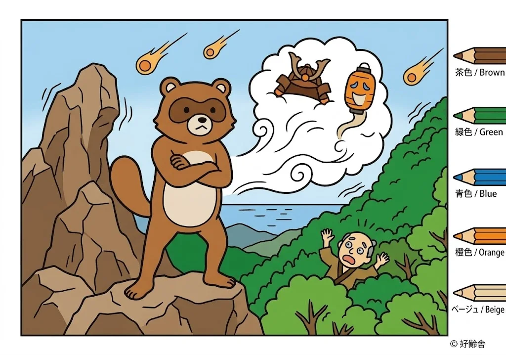 阿波の狸合戦の塗り絵の塗り絵 完成見本