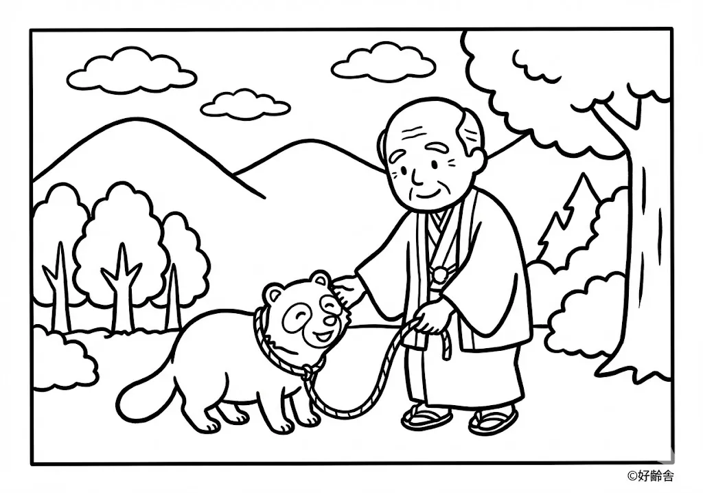 分福茶釜 (Bunbuku Chagama) その一 | 高齢者(g3b3)向け無料塗り絵|昔話・物語イラスト