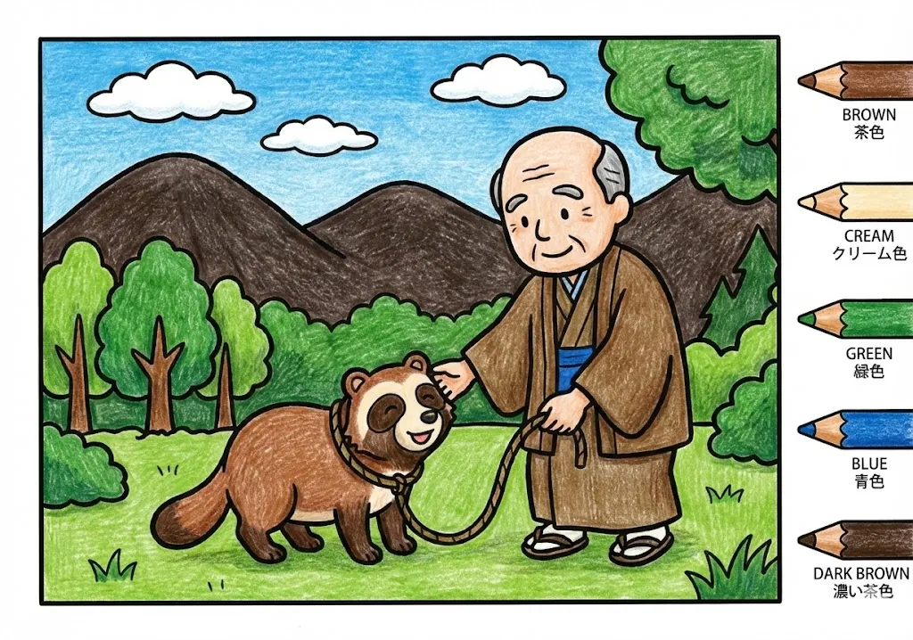 分福茶釜(完成見本) (Bunbuku Chagama) その一 | 高齢者(g3b3)向け無料塗り絵|昔話・物語イラスト