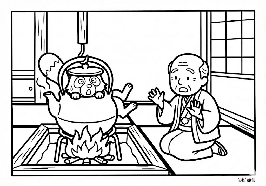 分福茶釜 (Bunbuku Chagama) その二 | 高齢者(g3b3)向け無料塗り絵|昔話・物語イラスト