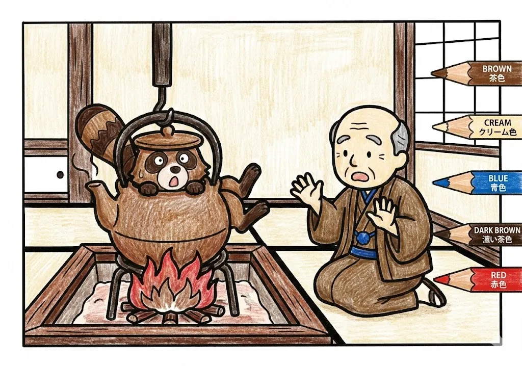 分福茶釜(完成見本) (Bunbuku Chagama) その二 | 高齢者(g3b3)向け無料塗り絵|昔話・物語イラスト