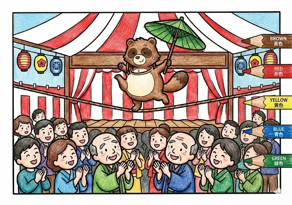 分福茶釜(完成見本) (Bunbuku Chagama) その三 | 高齢者(g3b3)向け無料塗り絵|昔話・物語イラスト