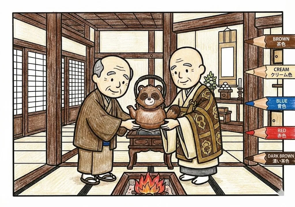 分福茶釜(完成見本) (Bunbuku Chagama) その四 | 高齢者(g3b3)向け無料塗り絵|昔話・物語イラスト