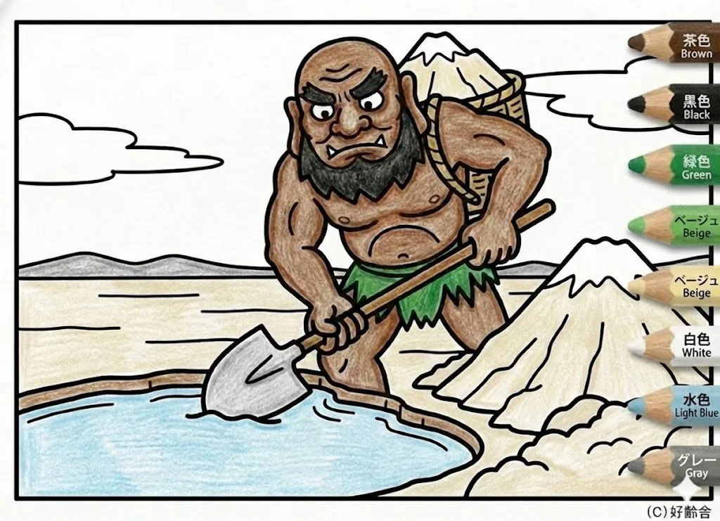 ダイダラボッチ(完成見本) (Daidarabotchi) その二 | 高齢者(g3b3)向け無料塗り絵|昔話・物語イラスト