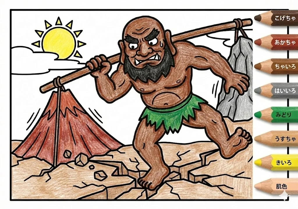 ダイダラボッチ(完成見本) (Daidarabotchi) その三 | 高齢者(g3b3)向け無料塗り絵|昔話・物語イラスト